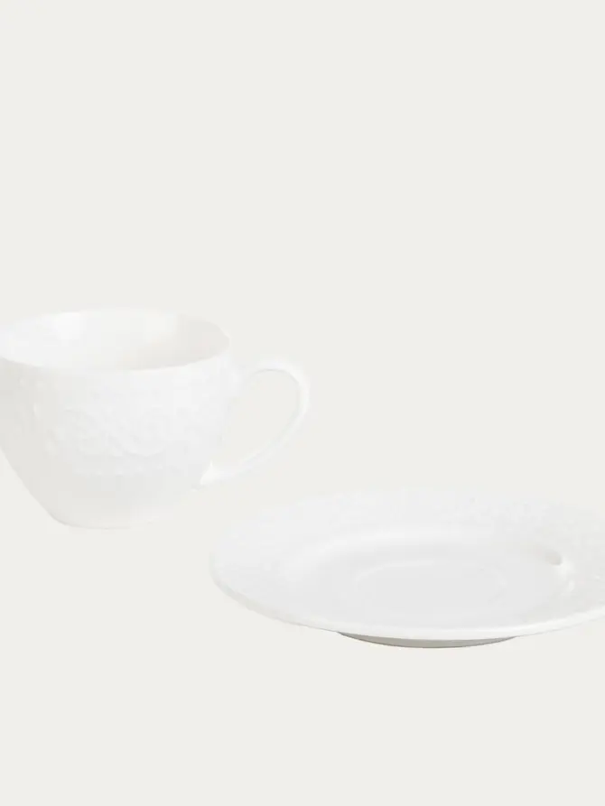 Filiżanka ze spodkiem SYLIA porcelanowa mała biała z ornamentem 0,09 l