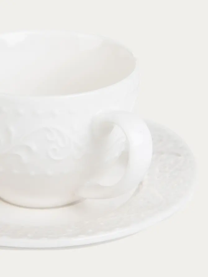 Filiżanka ze spodkiem SYLIA porcelanowa mała biała z ornamentem 0,09 l