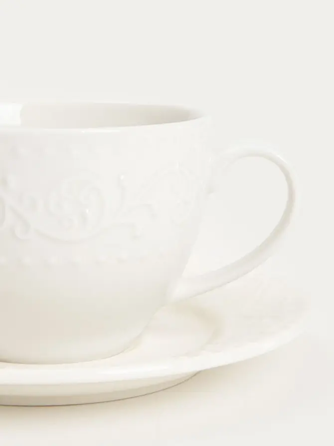 Zestaw filiżanek ze spodkiem SYLIA porcelanowych dużych białych z ornamentem 6 el.