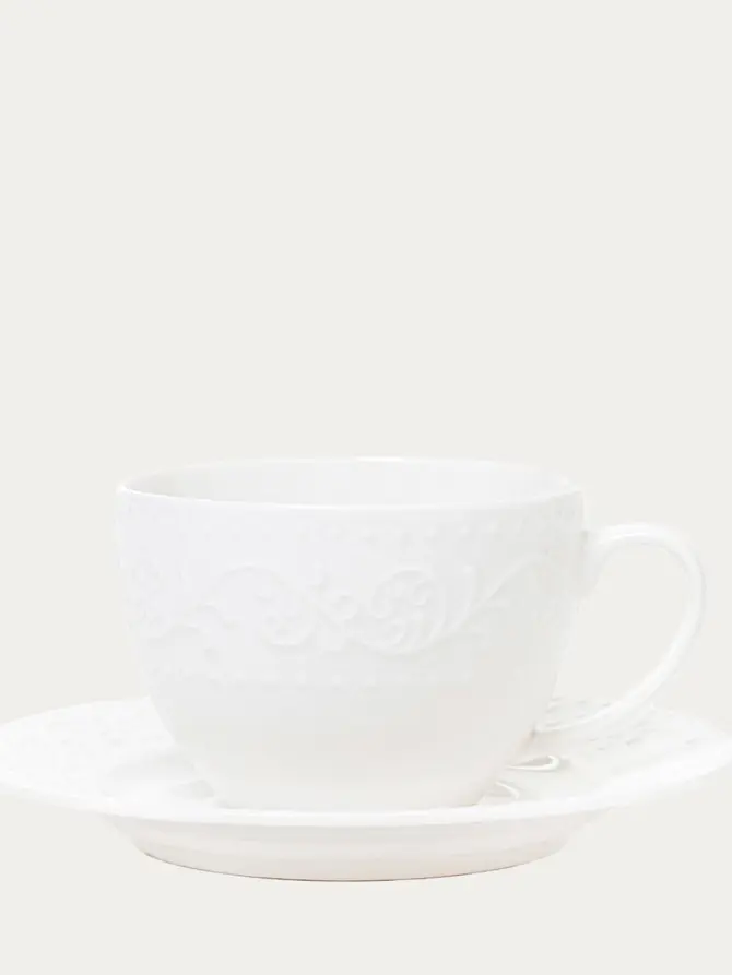 Filiżanka ze spodkiem SYLIA porcelanowa duża biała z ornamentem 0,2 l