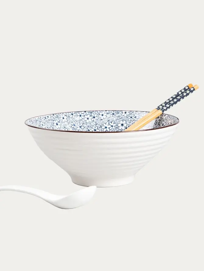 Zestaw do ramen SALADO porcelanowy w kwiatki z brązowym rantem 21 cm