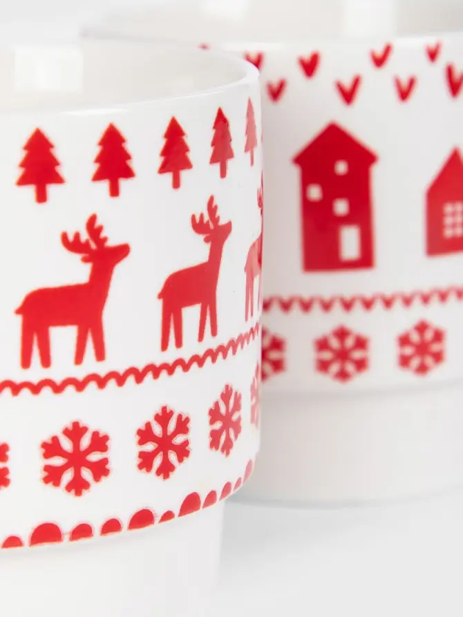 Zestaw kubków CANAMA porcelanowych piętrowanych w renifery i domki, 2 szt. 0,3 l