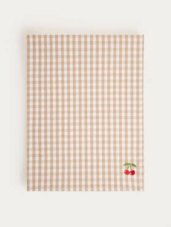 Bieżnik ABRIL beżowy w kratkę z ozdobnym haftem 40x160 cm