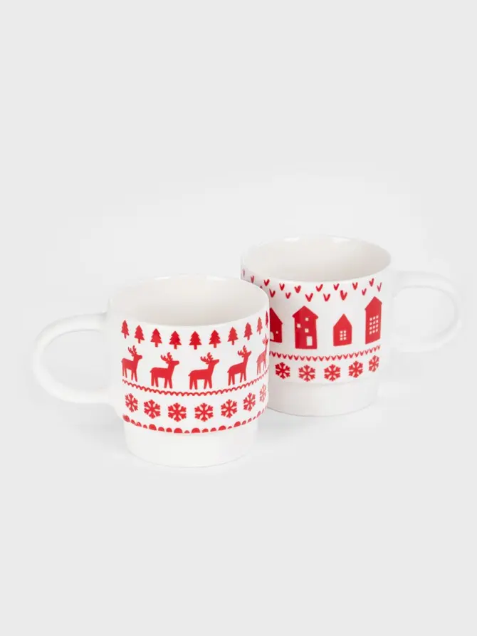 Zestaw kubków CANAMA porcelanowych piętrowanych w renifery i domki, 2 szt. 0,3 l