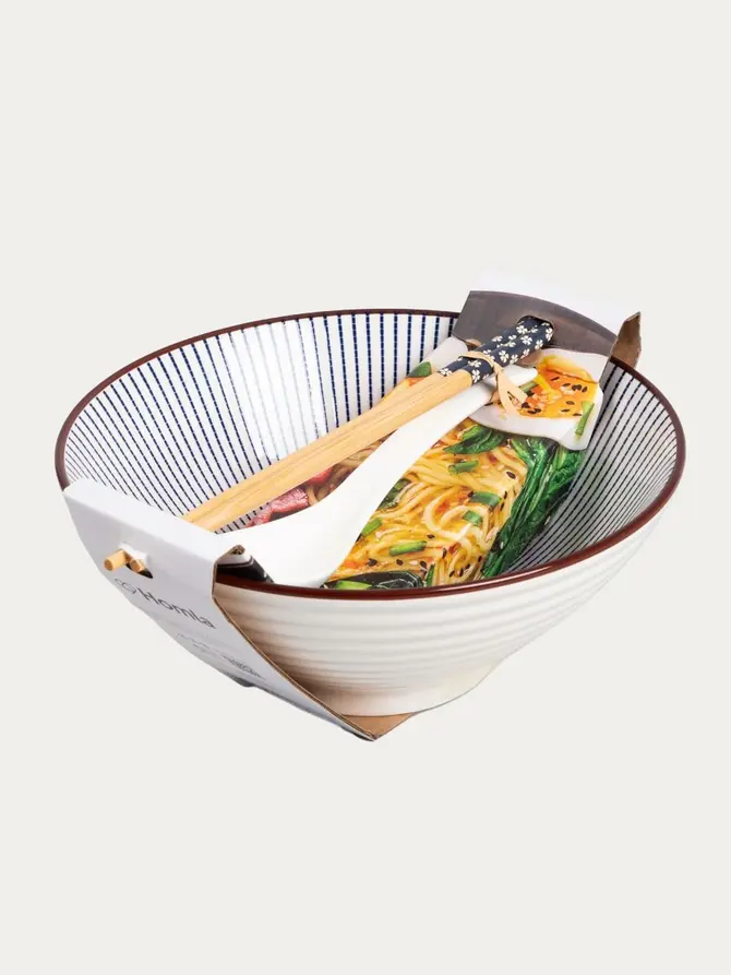 Zestaw do ramen SALADO porcelanowy w paski z brązowym rantem 21 cm